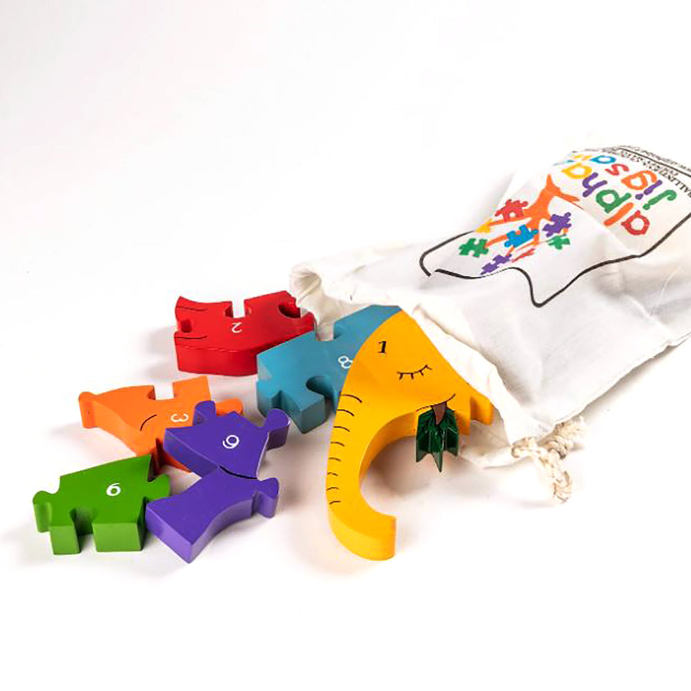 number elephant wooden jigsaw puzzle in cotton bag
