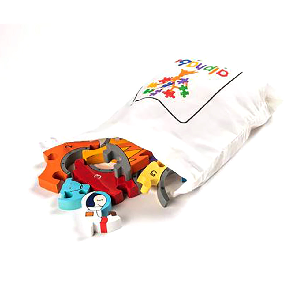 Numbered Wooden Rocket Jigsaw Puzzle for Kids in a cotton bag.