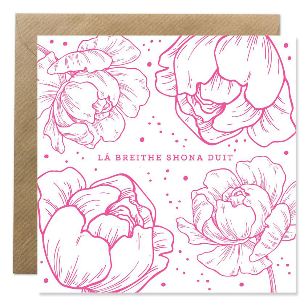 Pink floral birthday card with Irish greeting