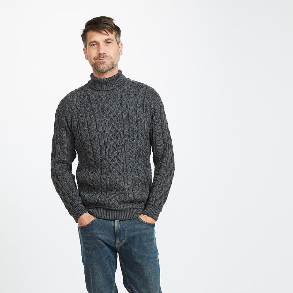 Man wearing Charcoal Aran Polo Neck Sweater
