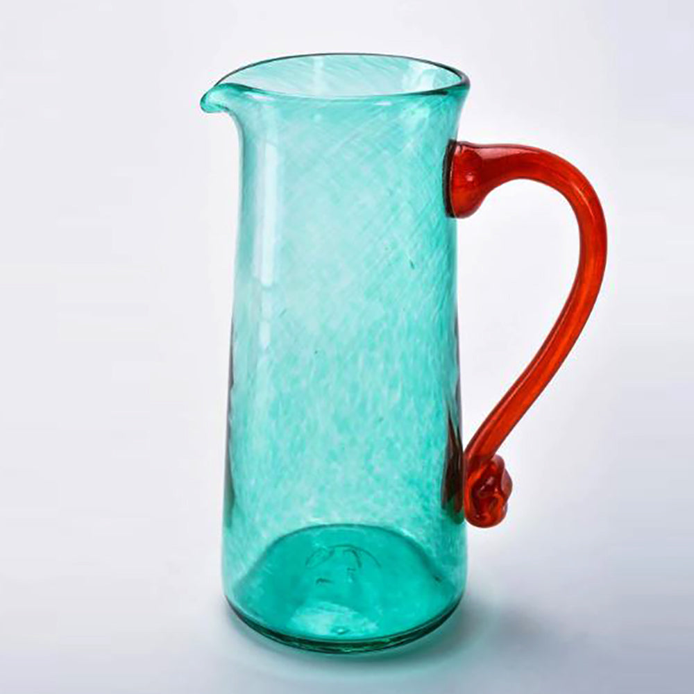 Square teal glass jug with red handle