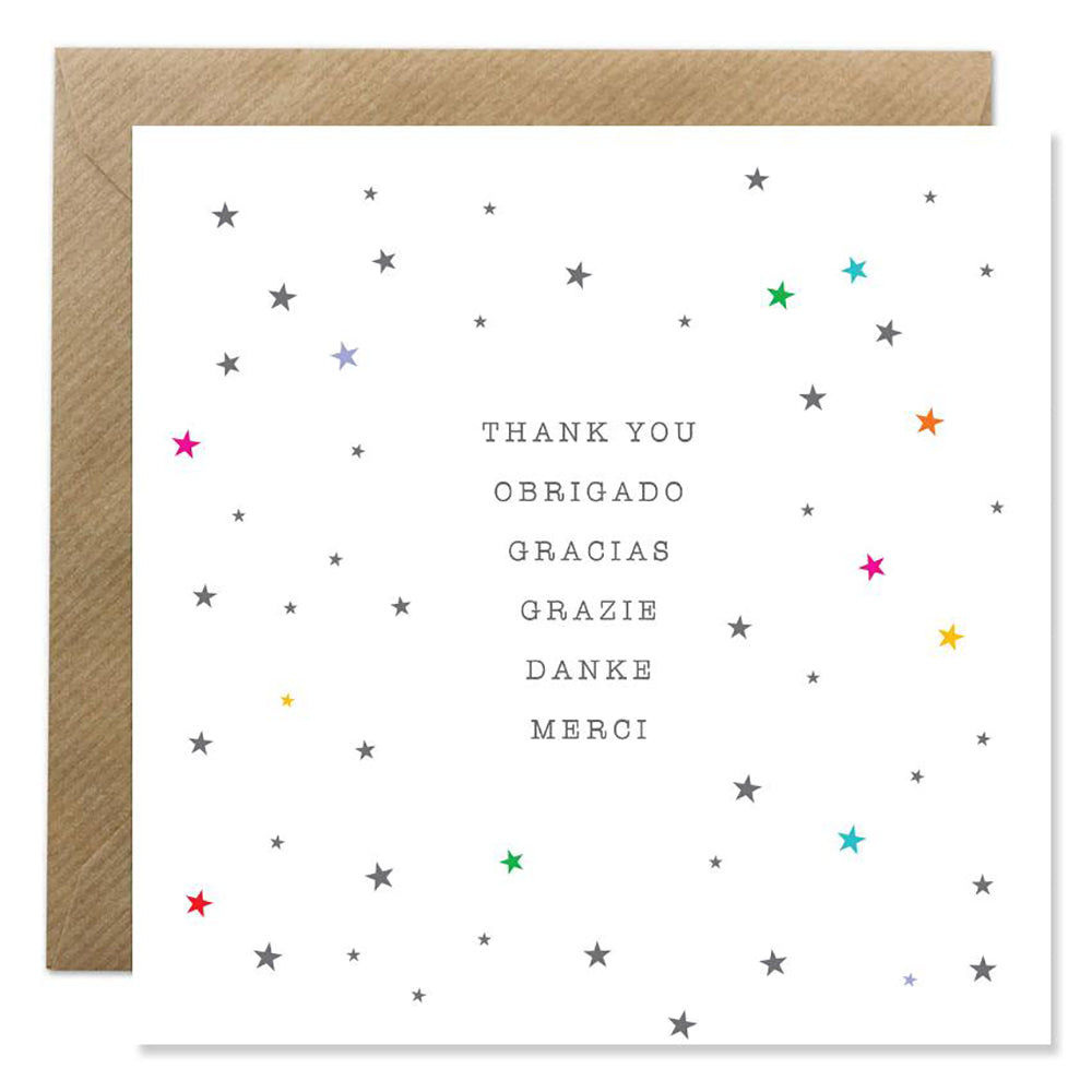 Thank you card with stars in multiple languages