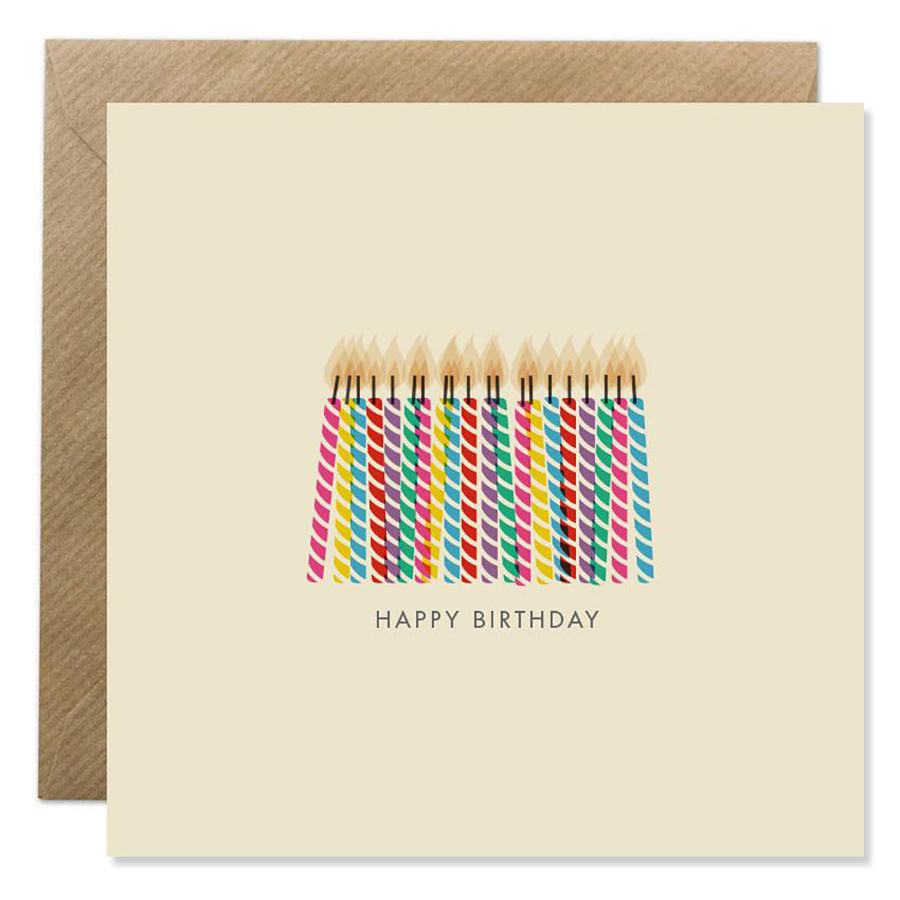 Birthday card with colorful candles and Happy Birthday text.