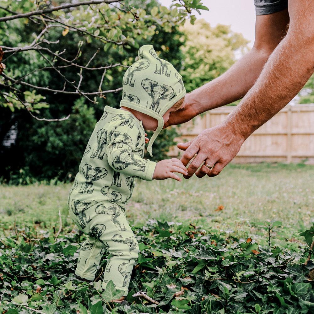 Baby Elephant Print Full Leg Romper in Green