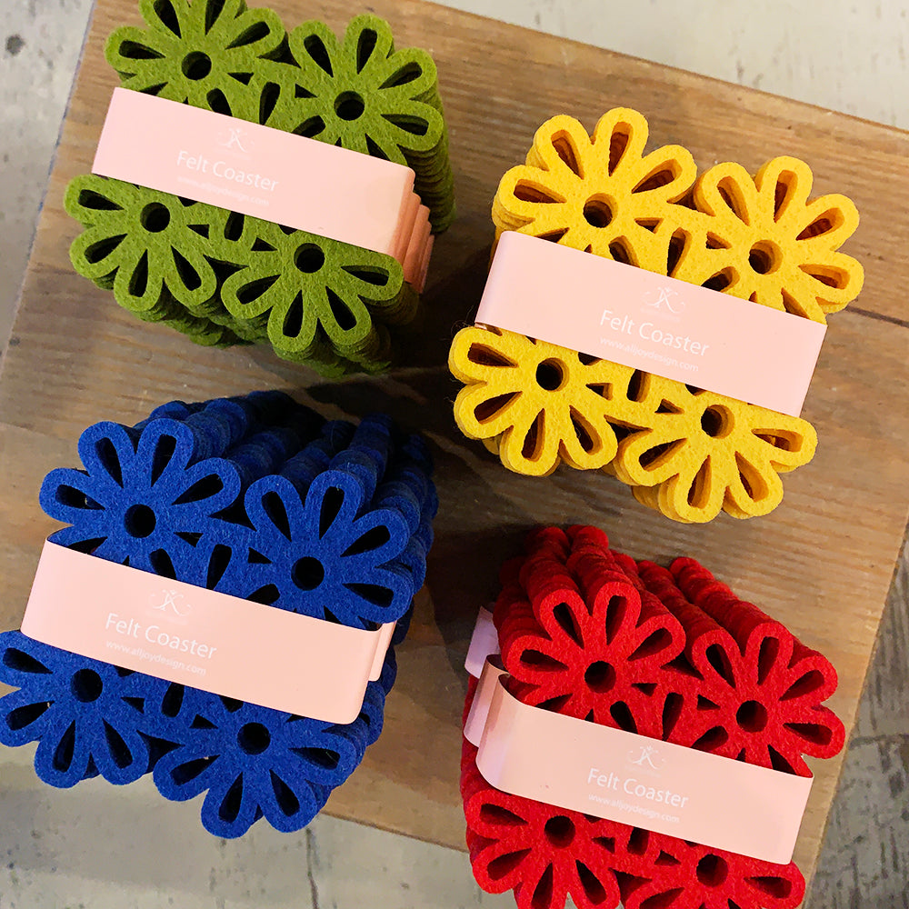 Square felt flower coasters in various colors