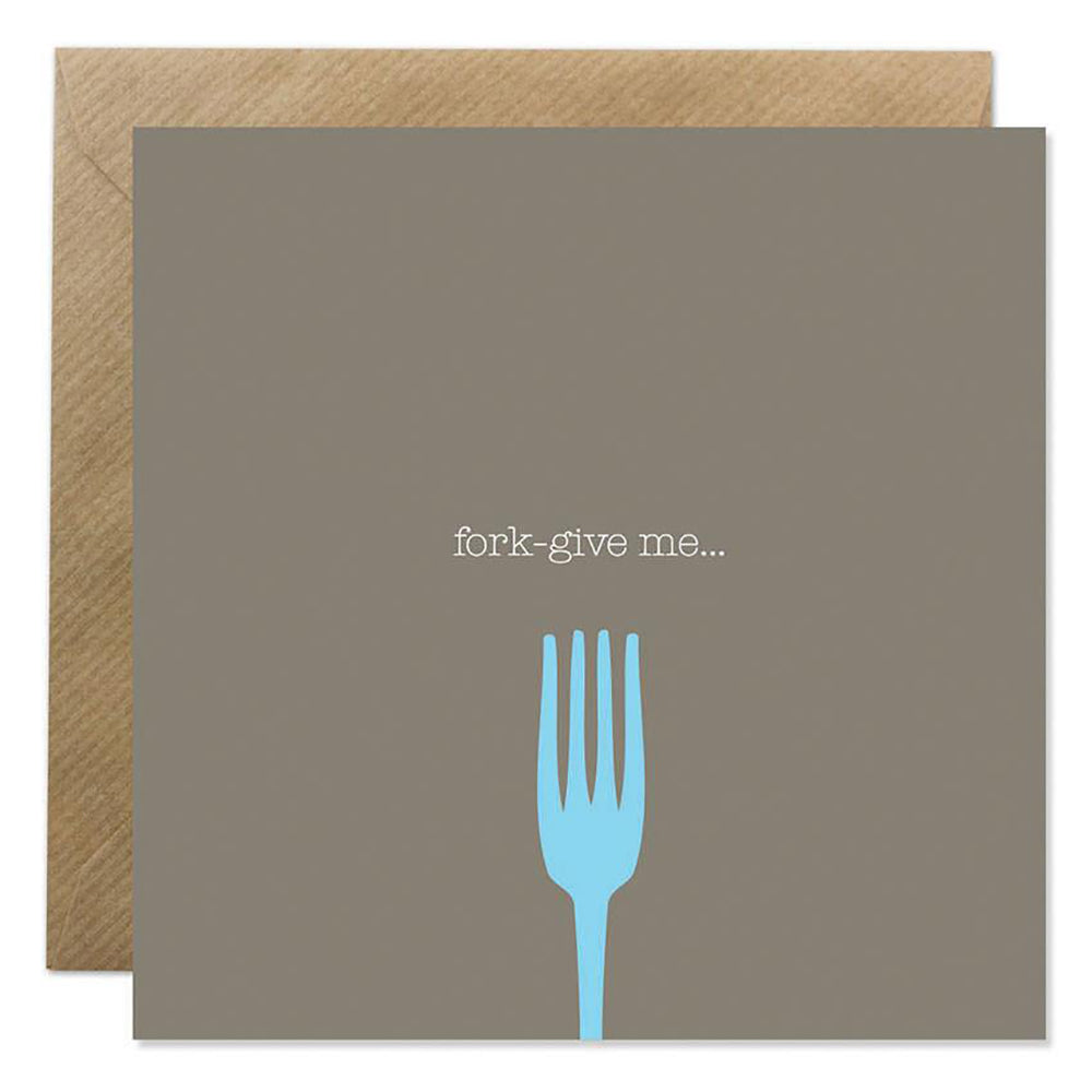 Square card with fork-give me text and blue fork illustration.