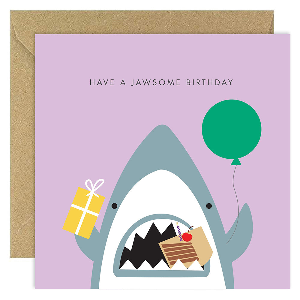 Jawsome birthday card with shark holding cake & gift
