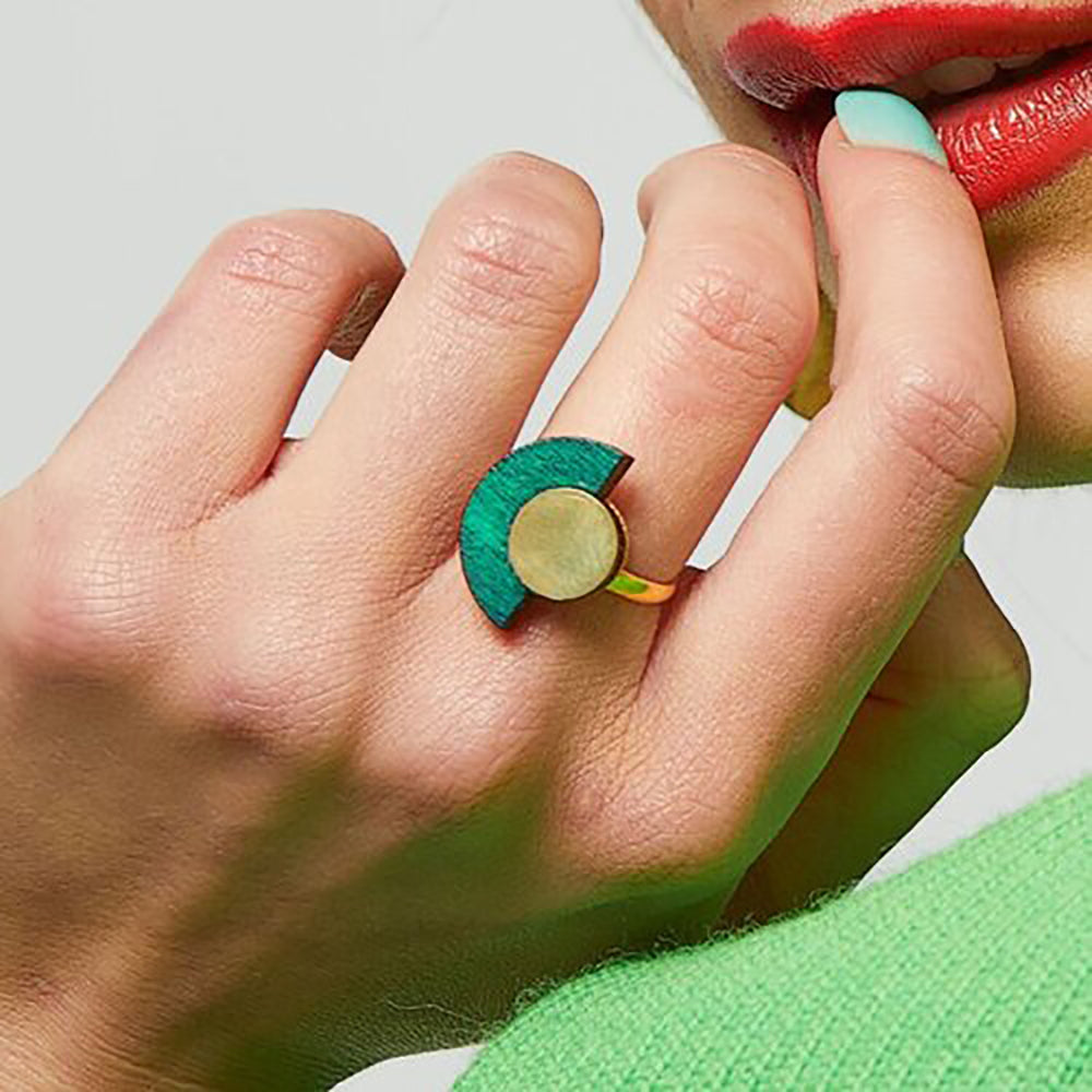 emerald green wooden ring on model