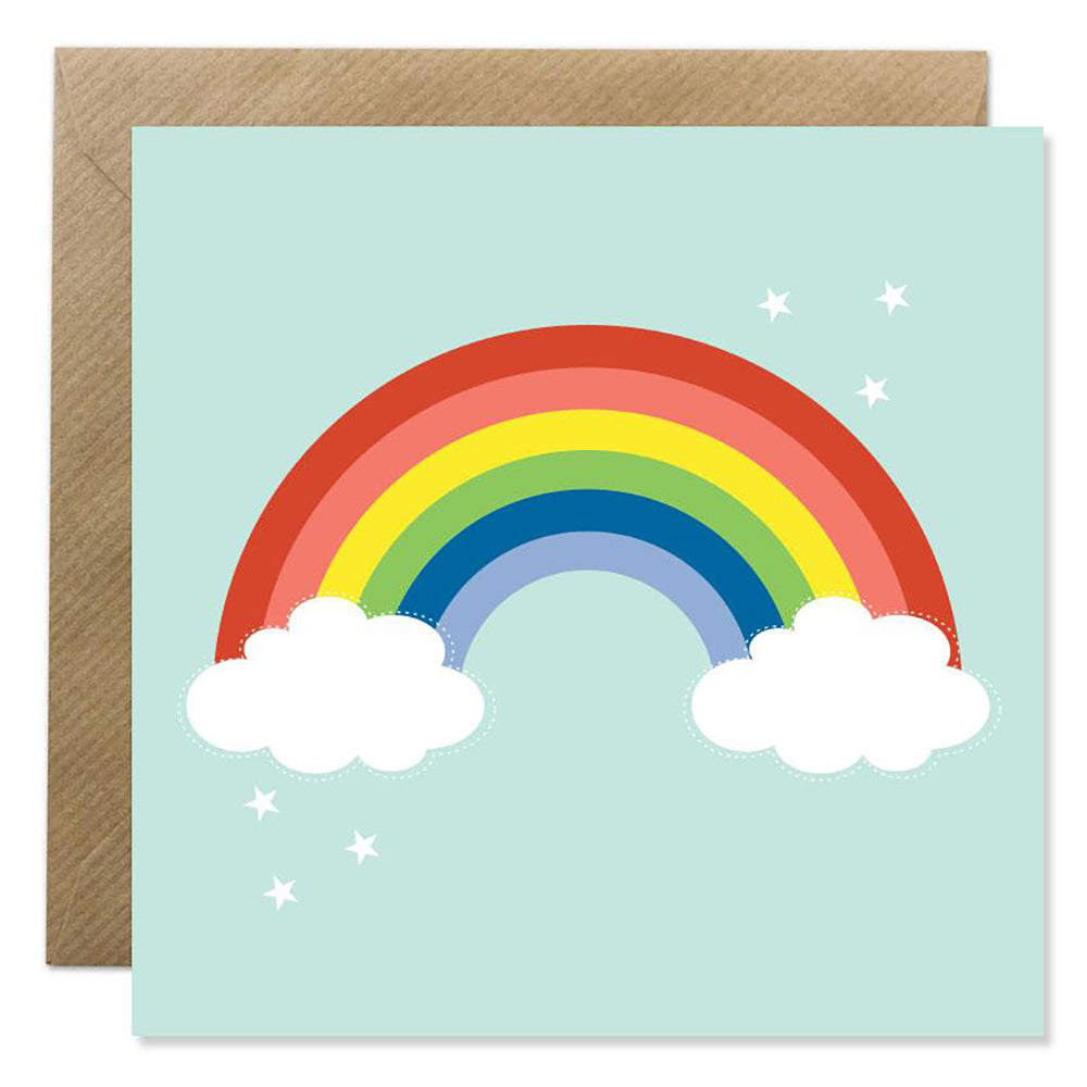 Square rainbow card with clouds and stars.
