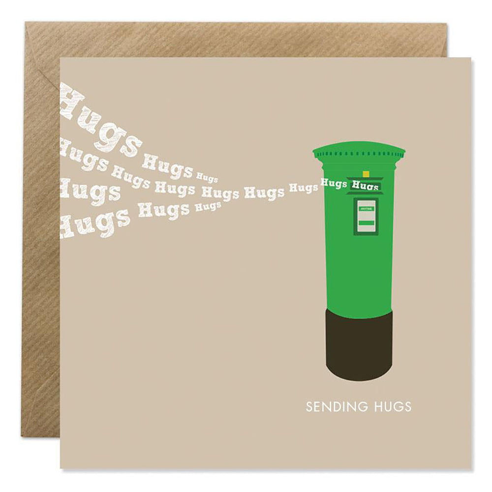 Square card sending hugs from a British postbox.