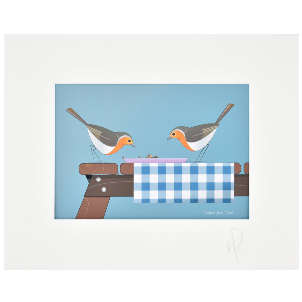 Two robins at a square table for two.