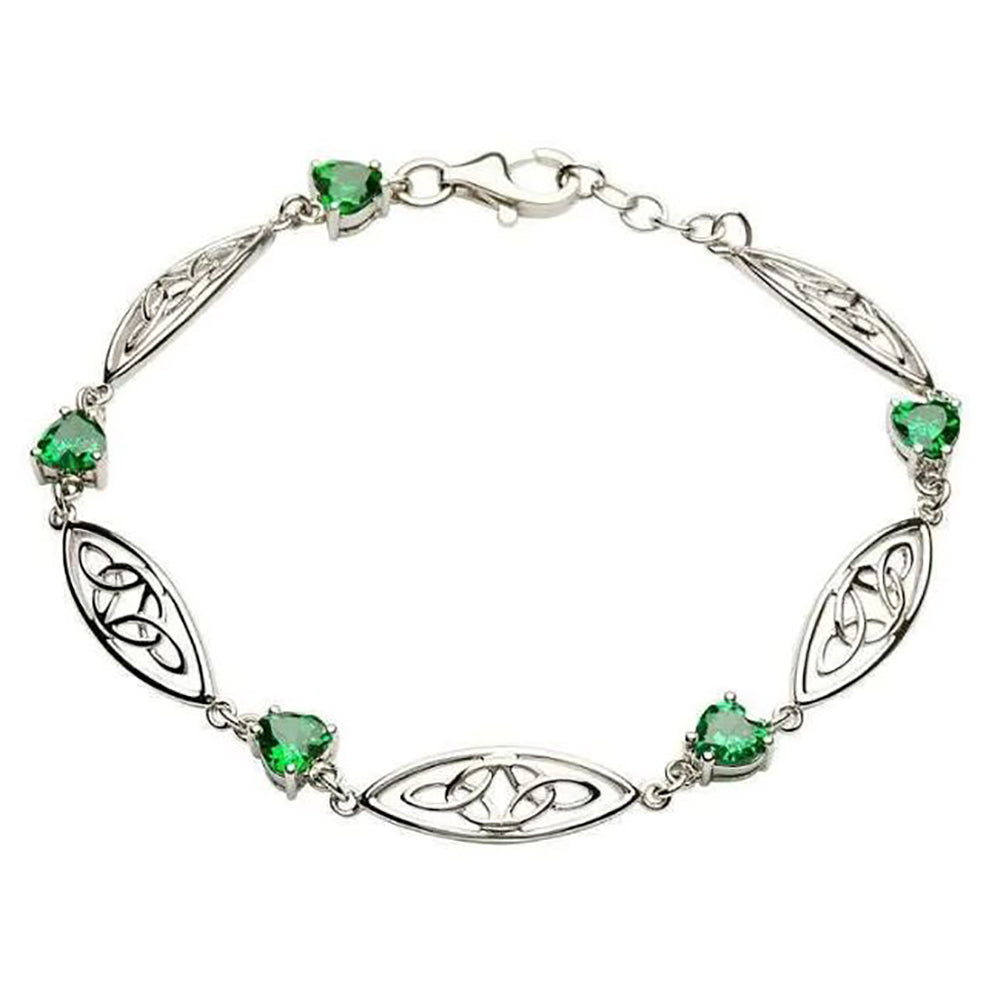 sterling silver trinity bracelet with emerald green crystal hearts