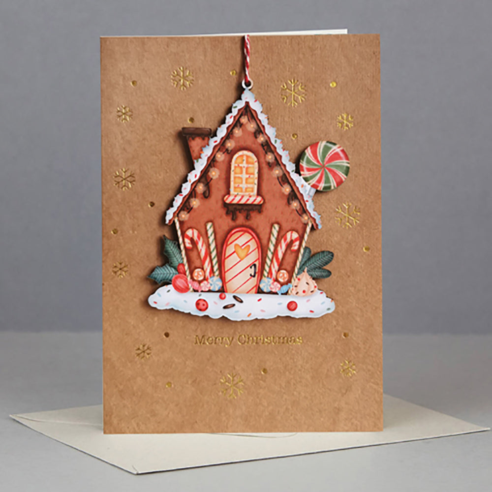Wooden gingerbread house Christmas card ornament