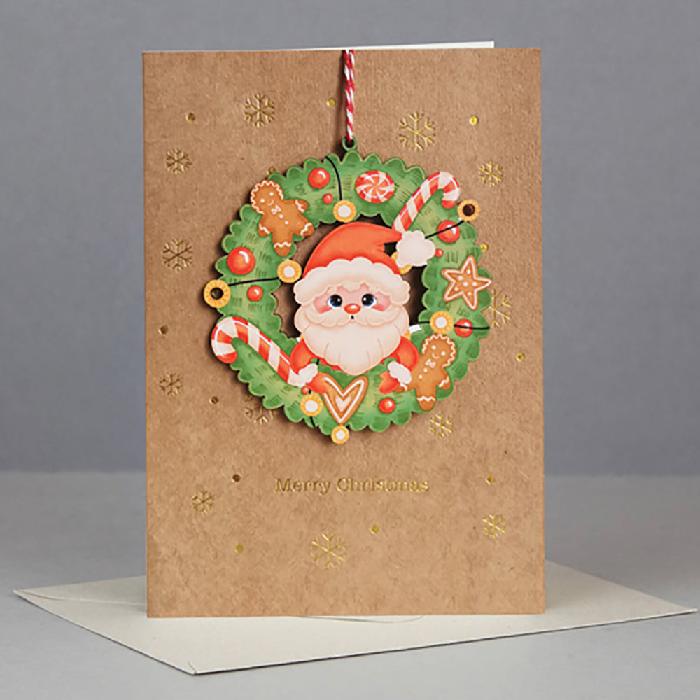 Wooden Santa wreath Christmas card ornament