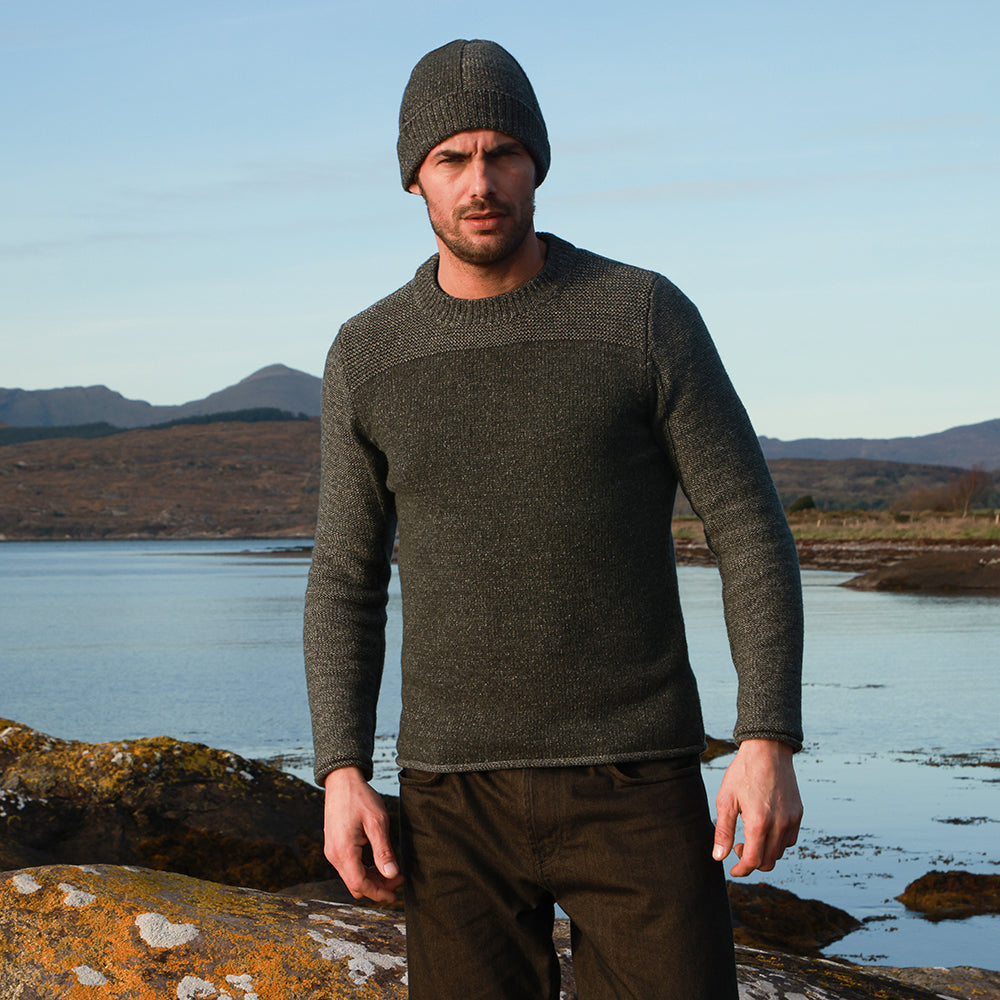 Crew Neck Seed Stitch Woodland Color Fisherman Sweater