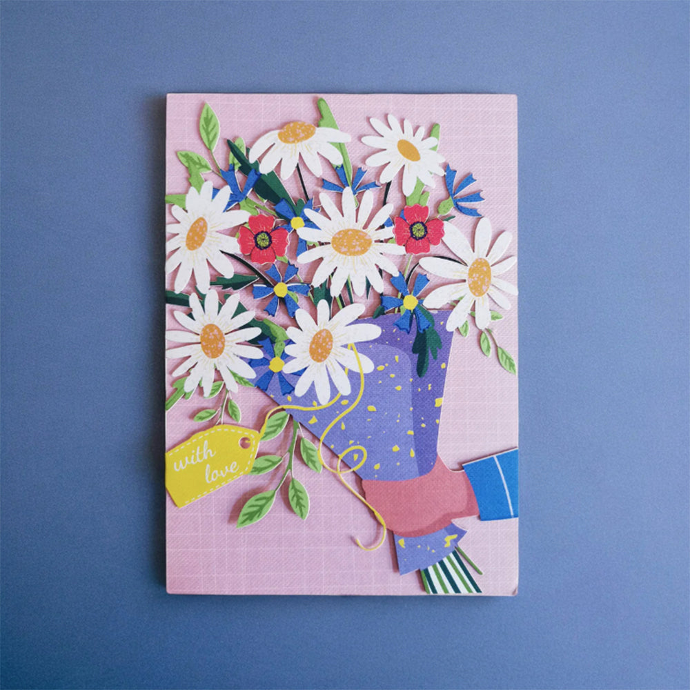 Handmade floral bouquet card with daisies and with love tag