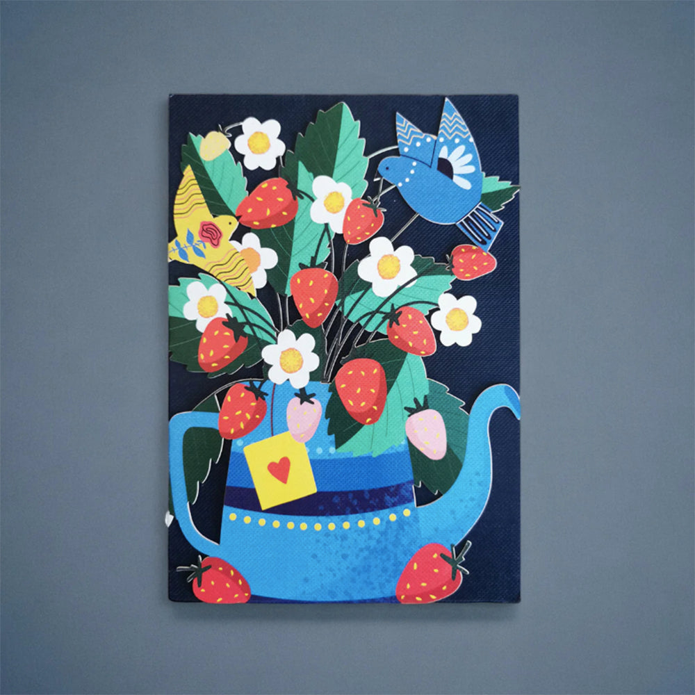 Illustration of strawberries in a blue teapot with birds.