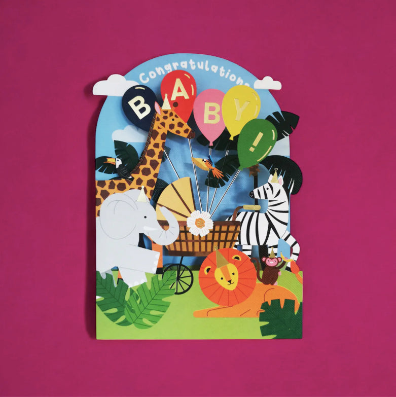 Baby Congratulations card with animals and balloons