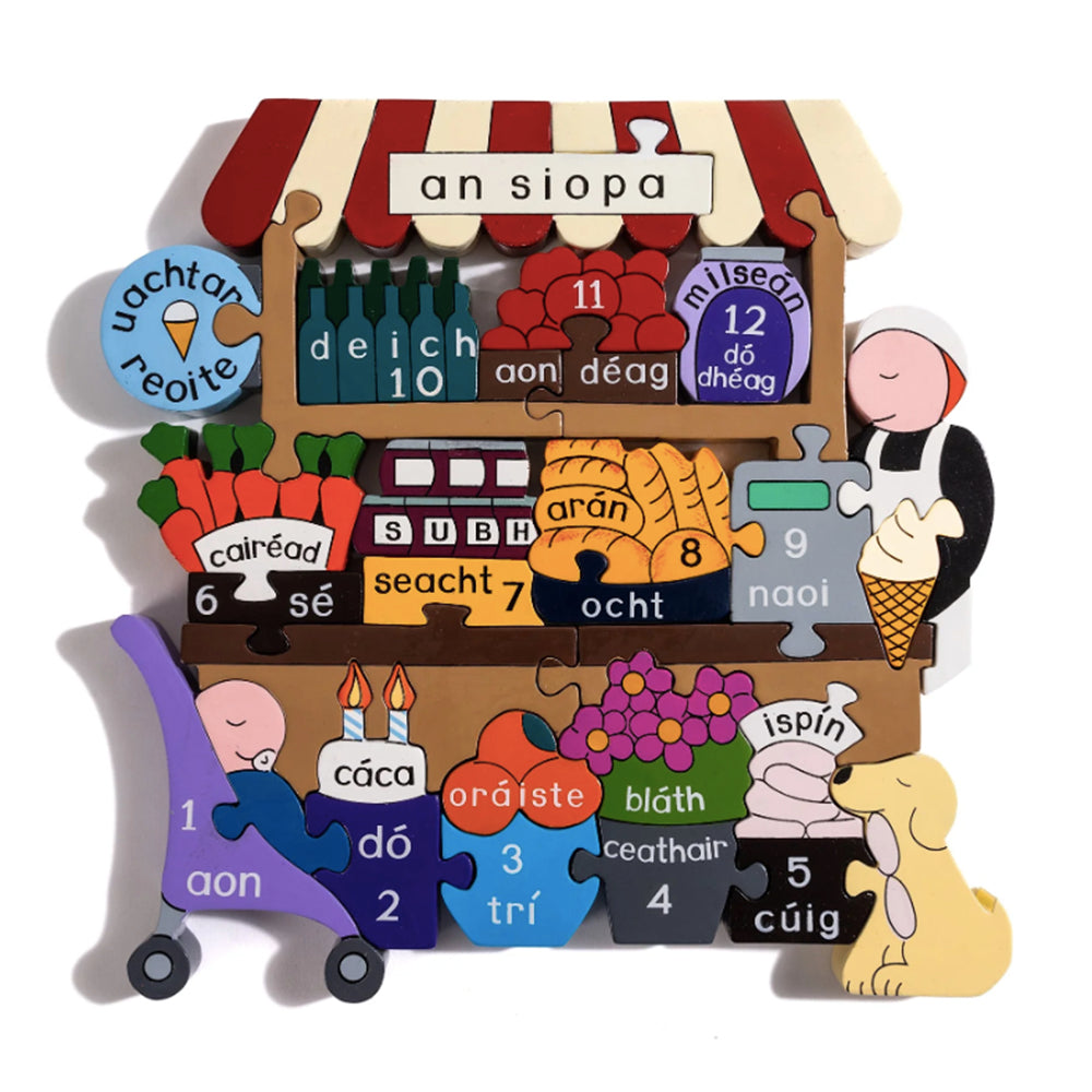 Irish language shop jigsaw puzzle with numbers and words