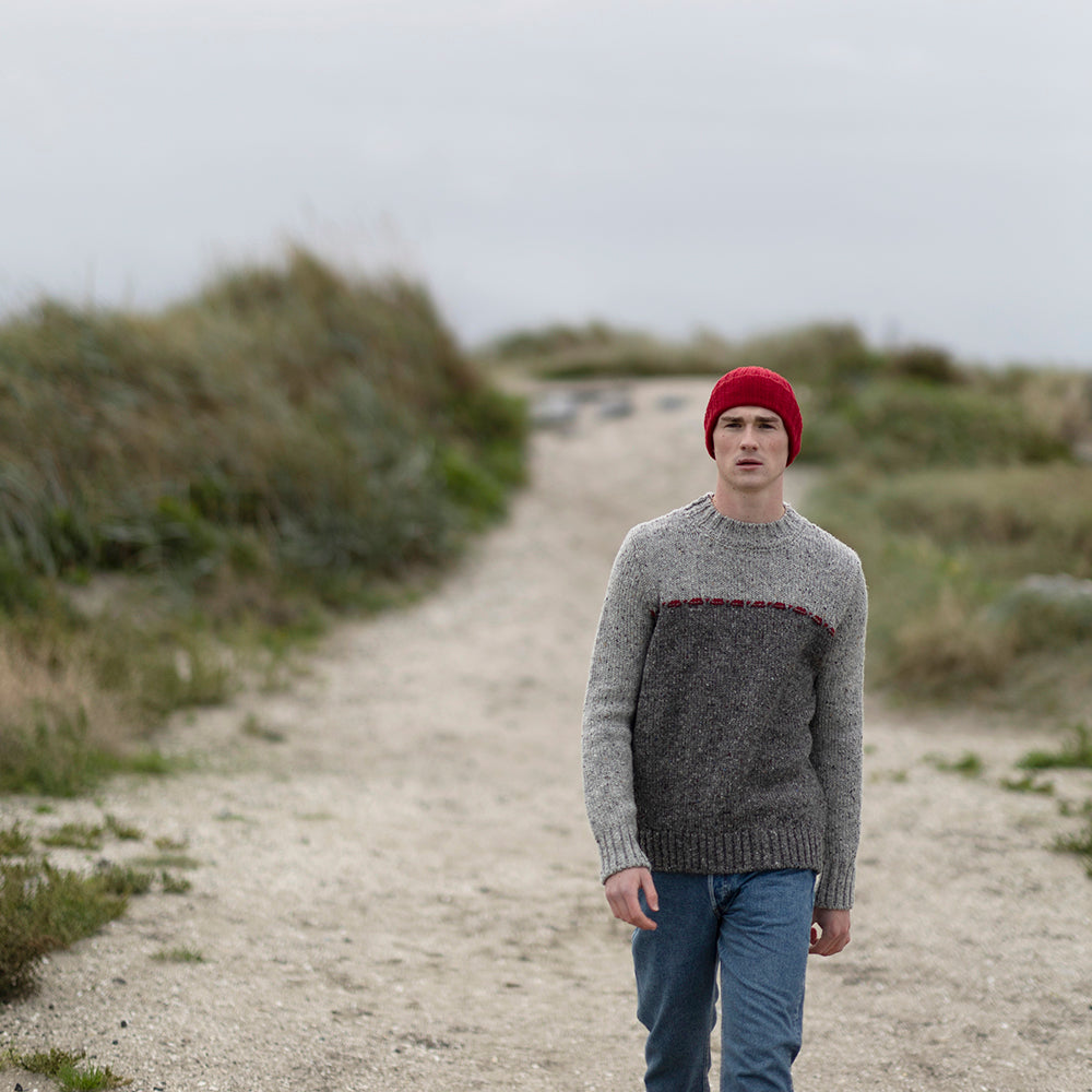 mens wool sweater on model at irish beach