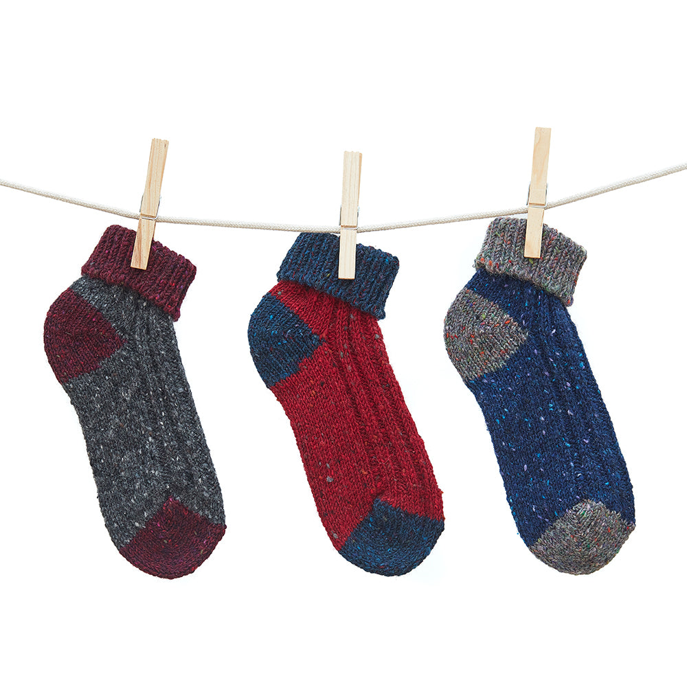 Aran Woollen Mills Ankle Socks in Burgundy Red Navy hanging on a line