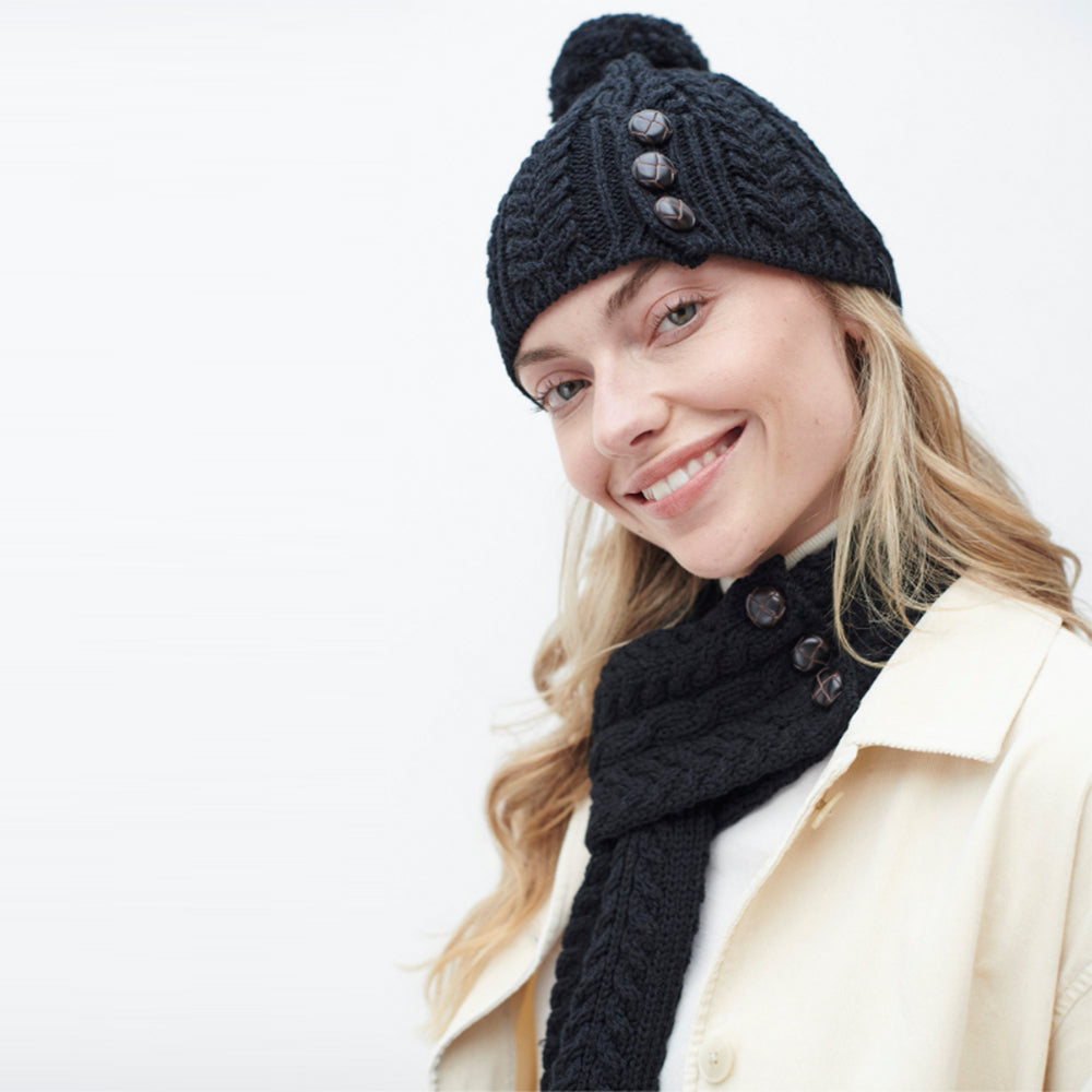 Black Aran button hat and scarf set