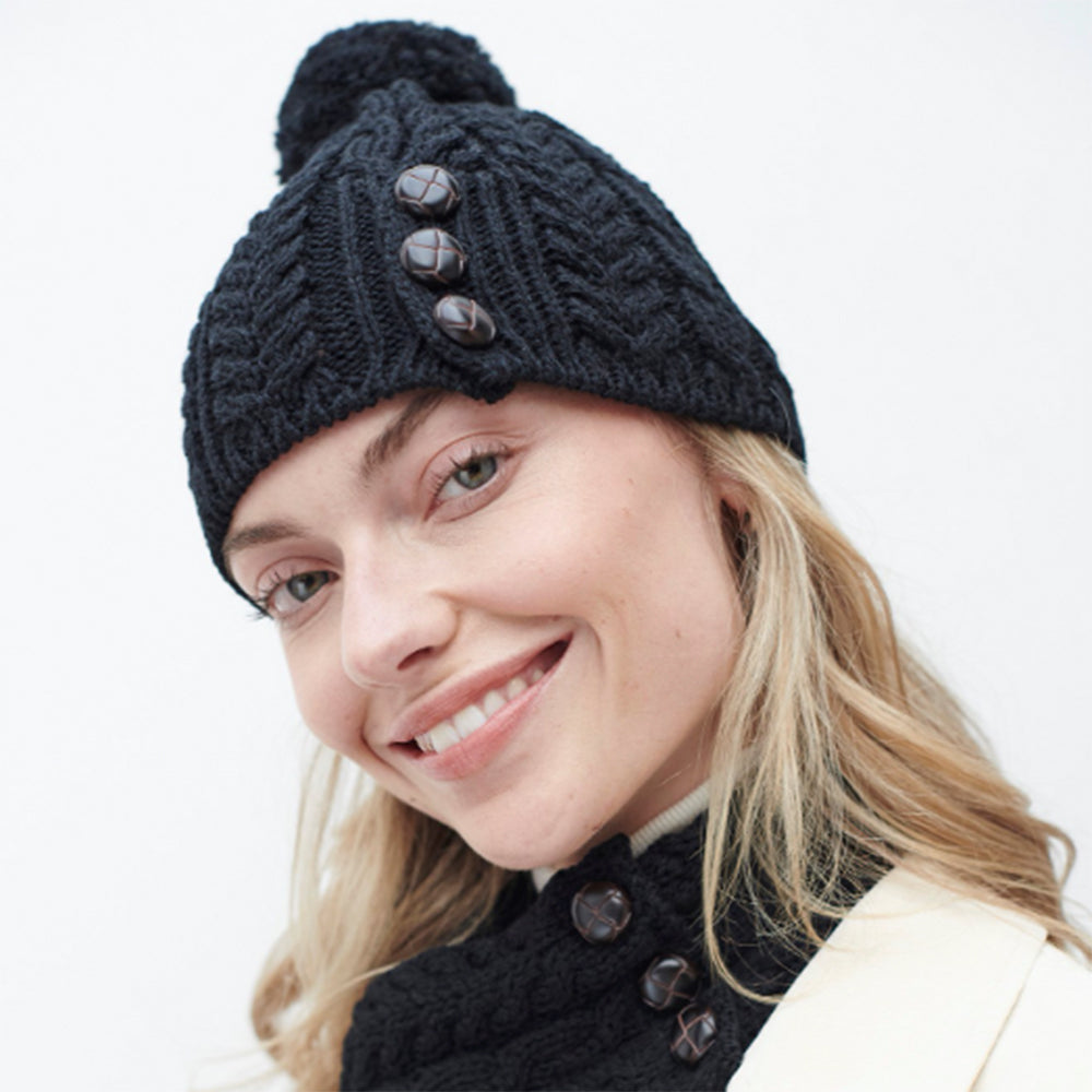 Black Aran buttoned hat from Aran Woollen Mills