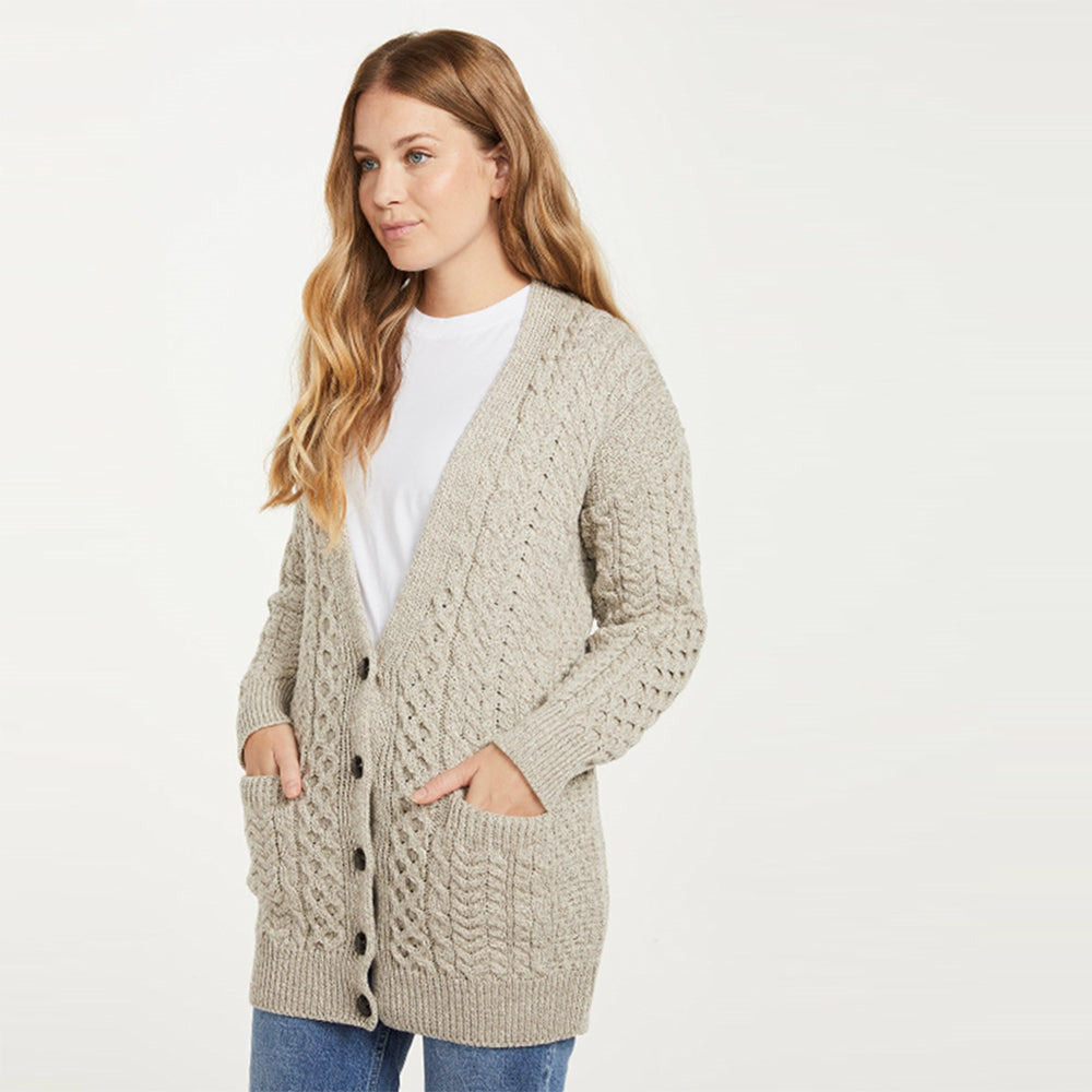 ladies deep v-neck Irish aran cardigan