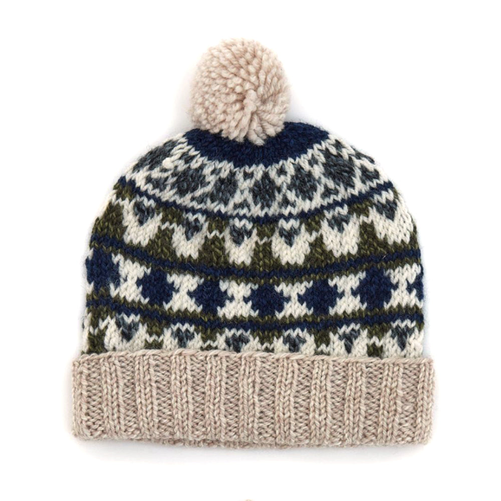 knitted beanie with sheep pattern and pom pom 