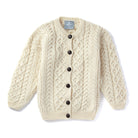 Kids Aran cream cardigan with buttons, full front view.