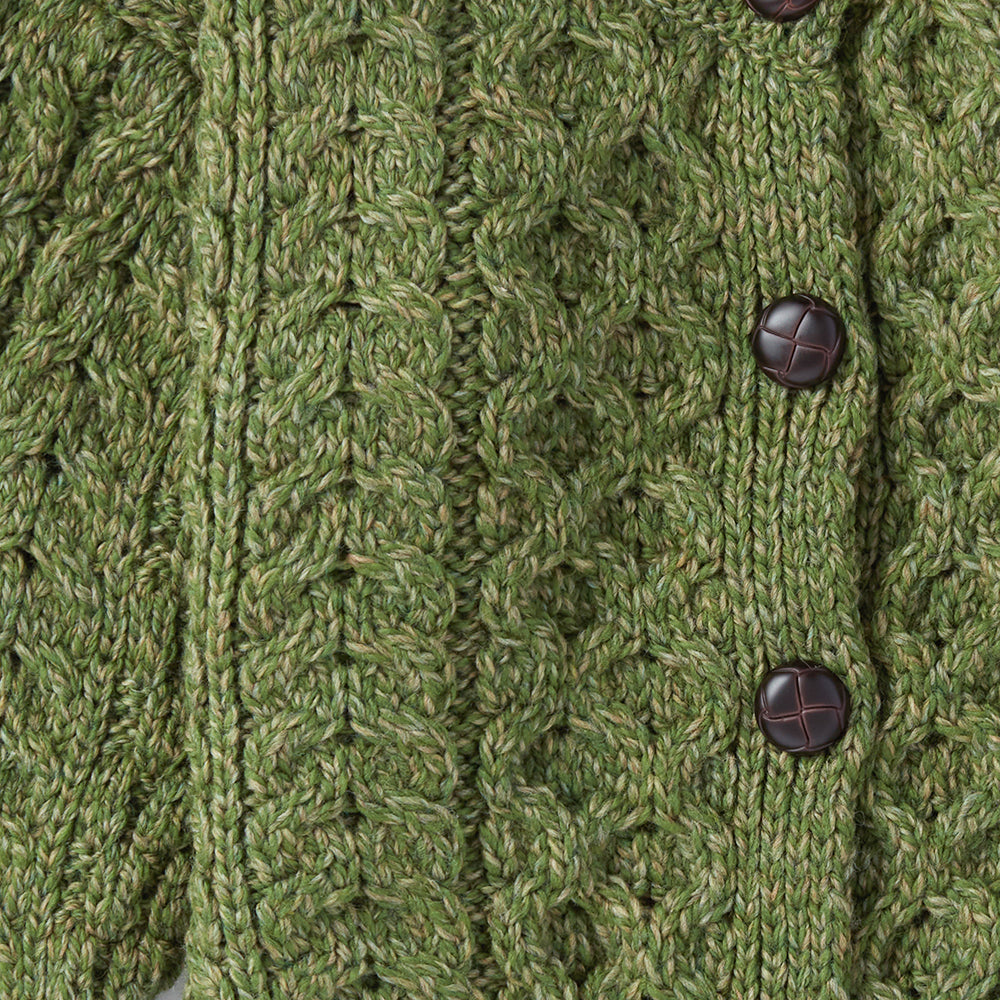 Green Aran cardigan for kids, front view