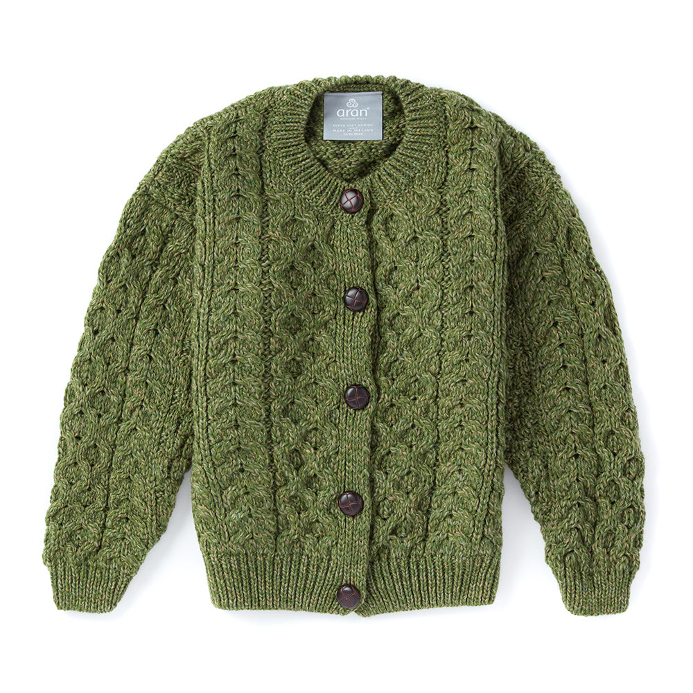 Green Aran cardigan for kids