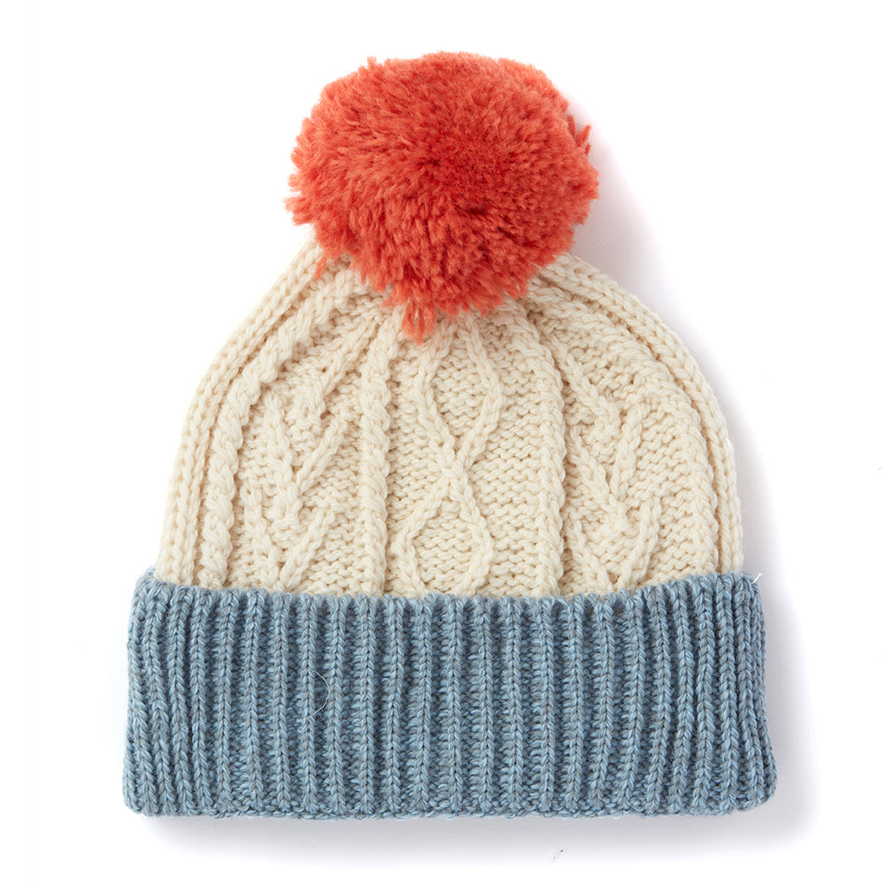 Kids Cream & Blue Pom Pom Aran Wool Hat