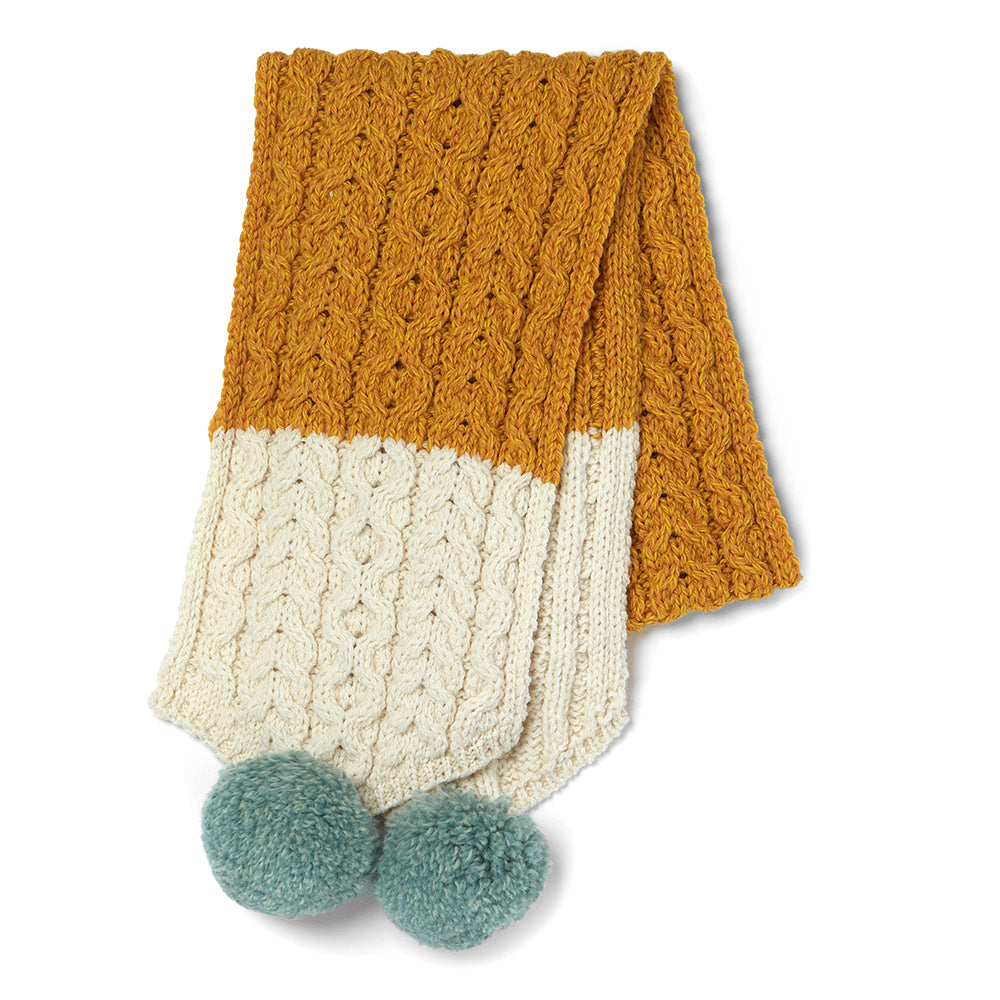 Cream and Mustard Kids Aran Wool Scarf with Pom Poms