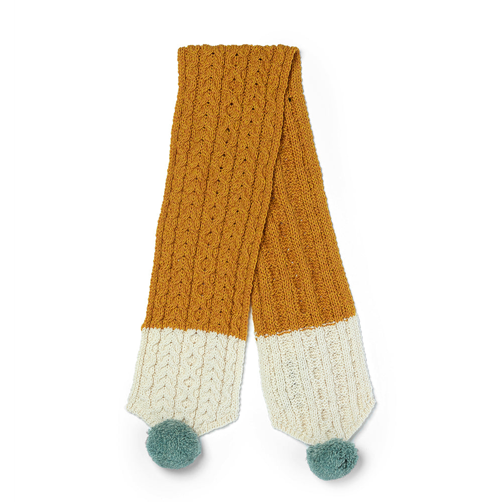Cream and mustard kids Aran wool scarf with pom poms