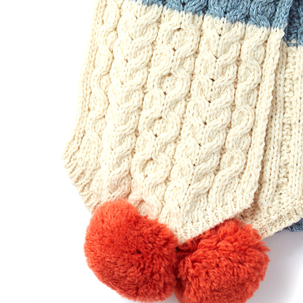 Aran Woollen Mills Kids Scarf with Pom Poms - Cream, Blue, Orange