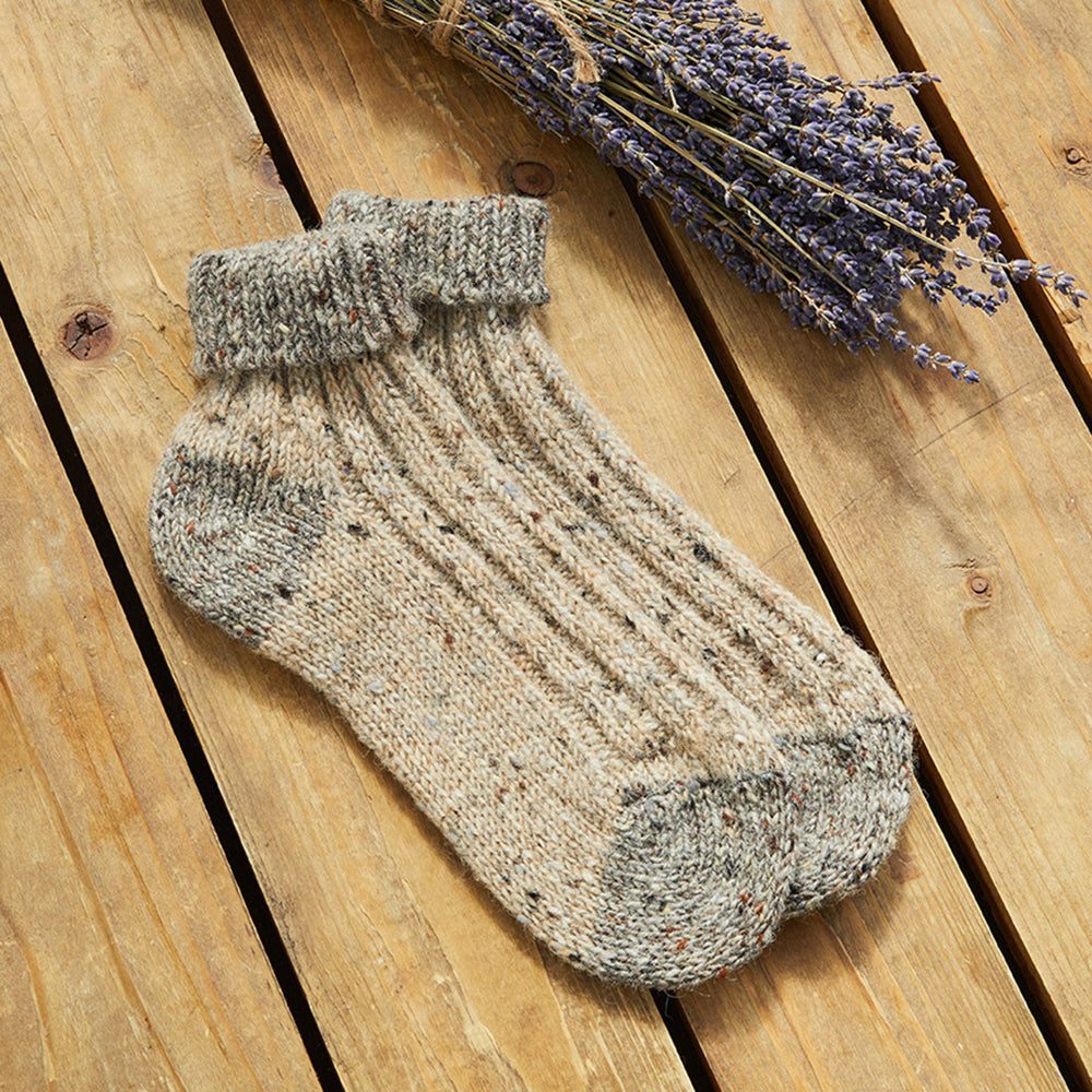 Aran Woollen Mills Oatmeal Grey Socks on Wood