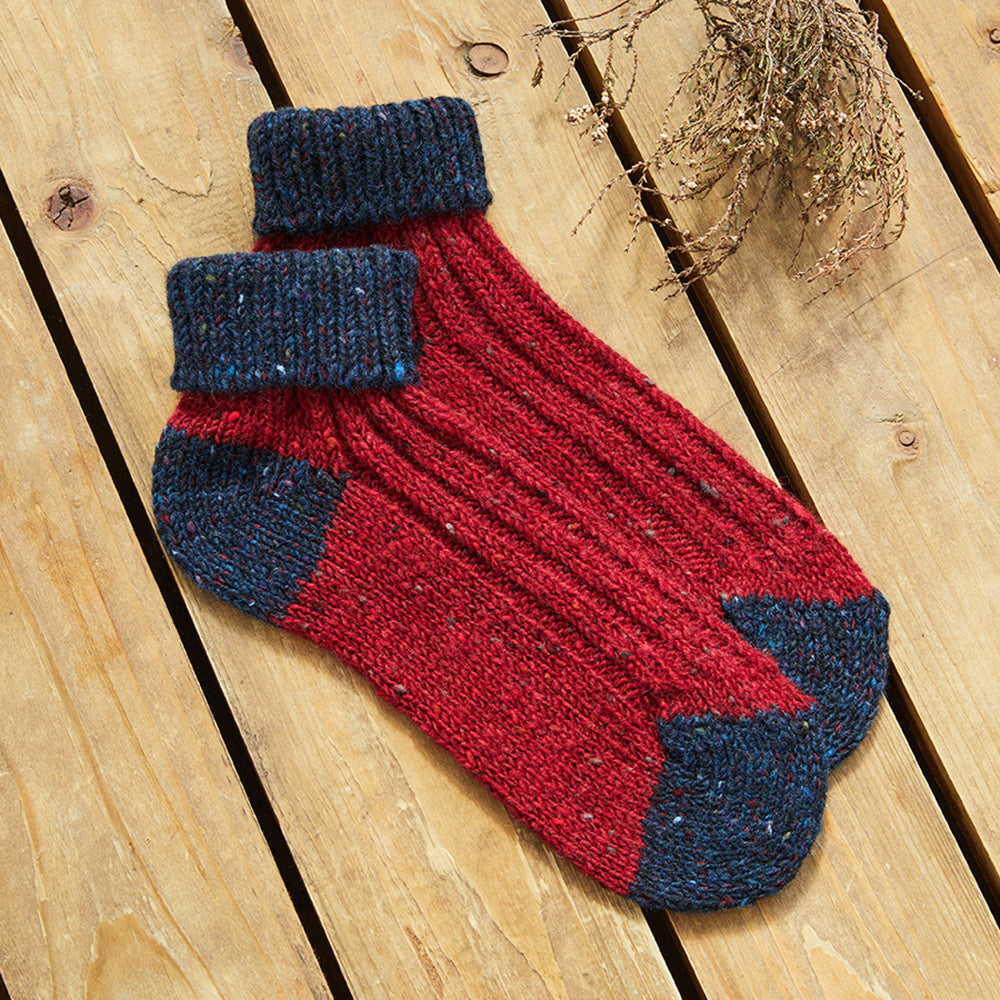 Red and navy Aran wool socks