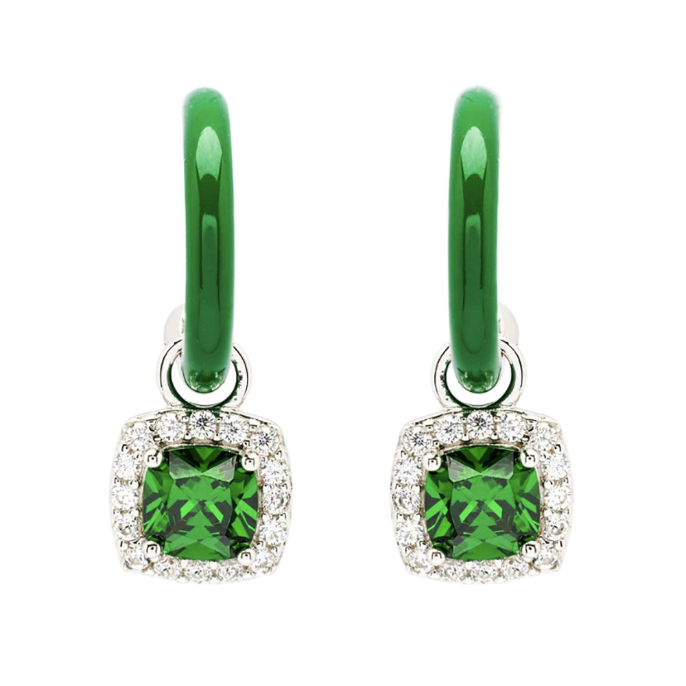Sterling Silver Earrings With Green Enamel and Emerald Stone 