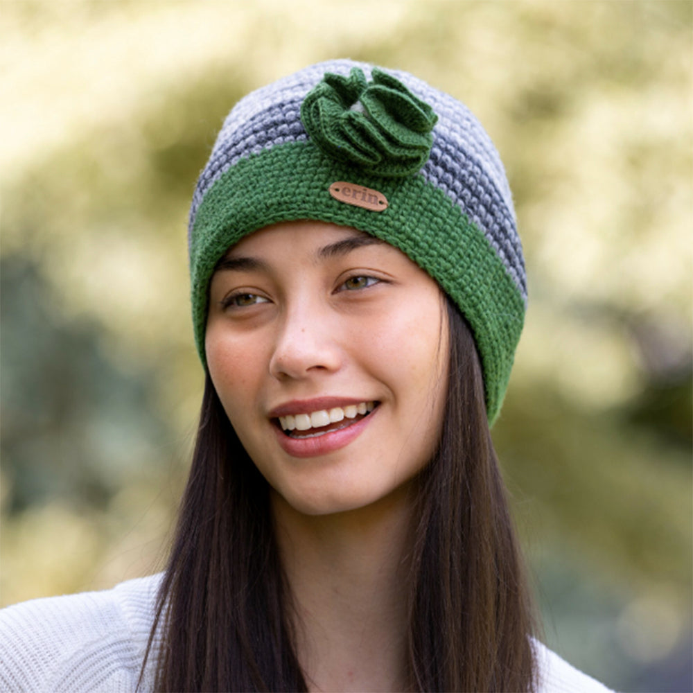 Green crochet flower hat by Erin Knitwear