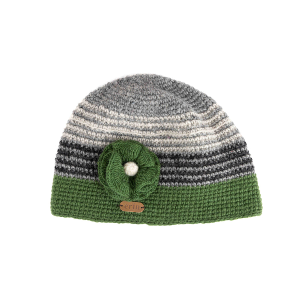 Green crochet flower hat by Erin Knitwear