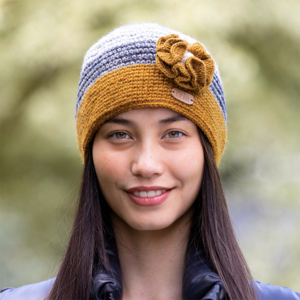 Mustard Crochet Hat with Flower by Erin Knitwear