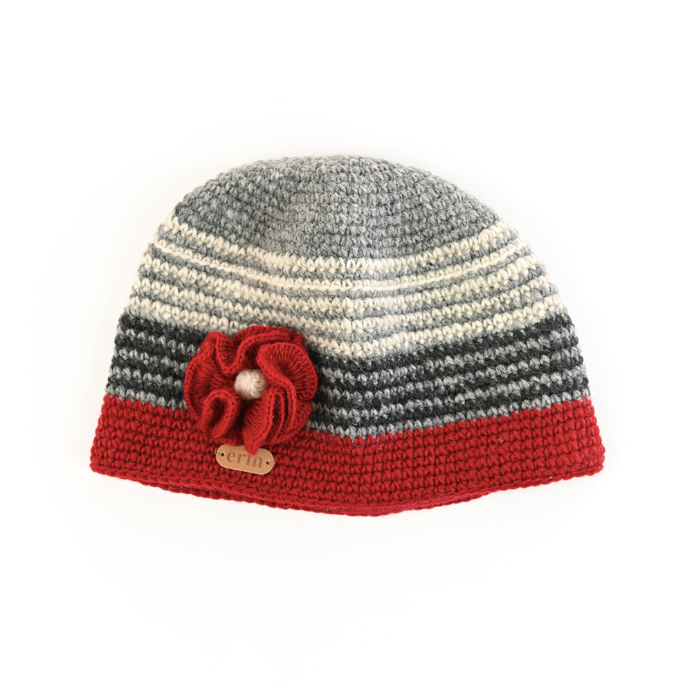 Red crochet flower hat by Erin Knitwear