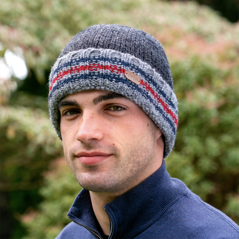Charcoal grey rib knit hat with red & blue stripe