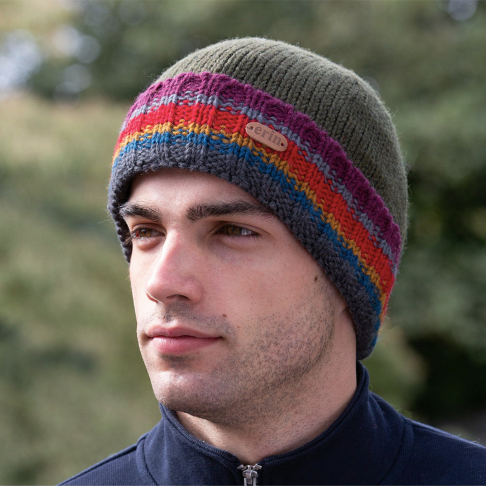 Khaki Rib Pull-On Turn Up Hat by Erin Knitwear
