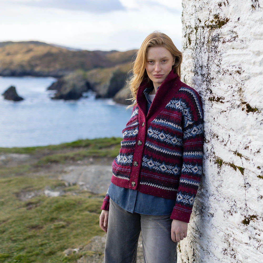 Irish Wool Jacquard Cardigan with Buttons
