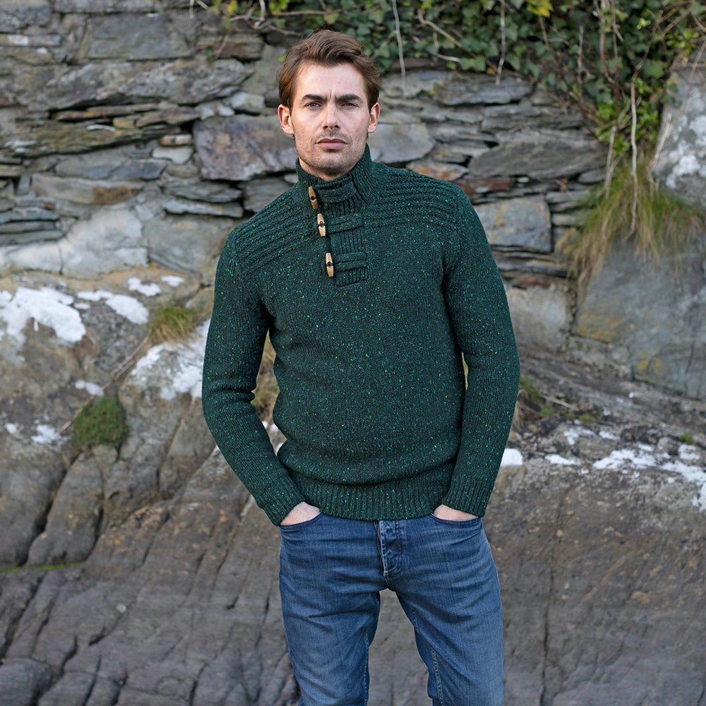 Green Irish Knit Wool Sweater with Toggle Buttons 