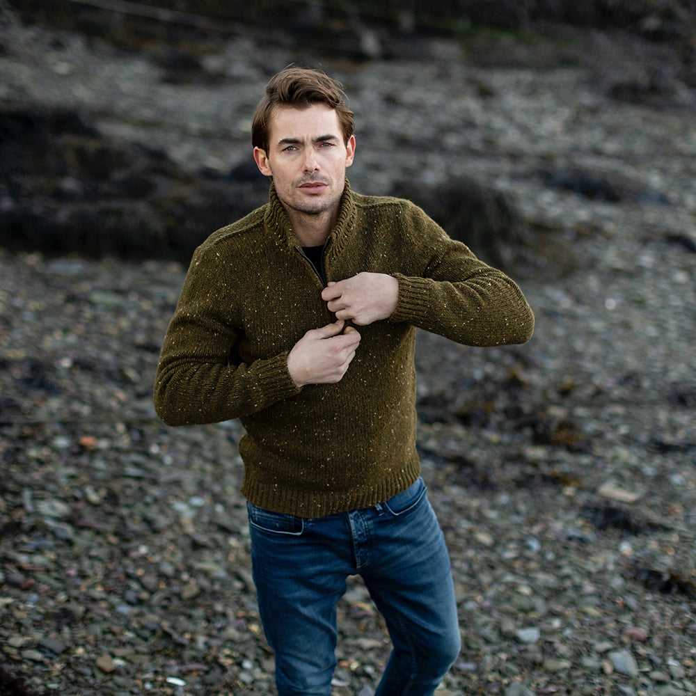 Men's Irish Wool Sweater with Short Zip