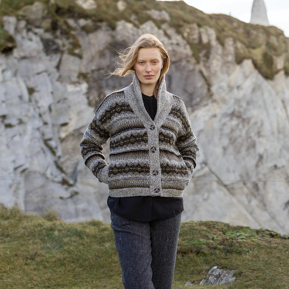 Irish Wool Jacquard Cardigan with Buttons