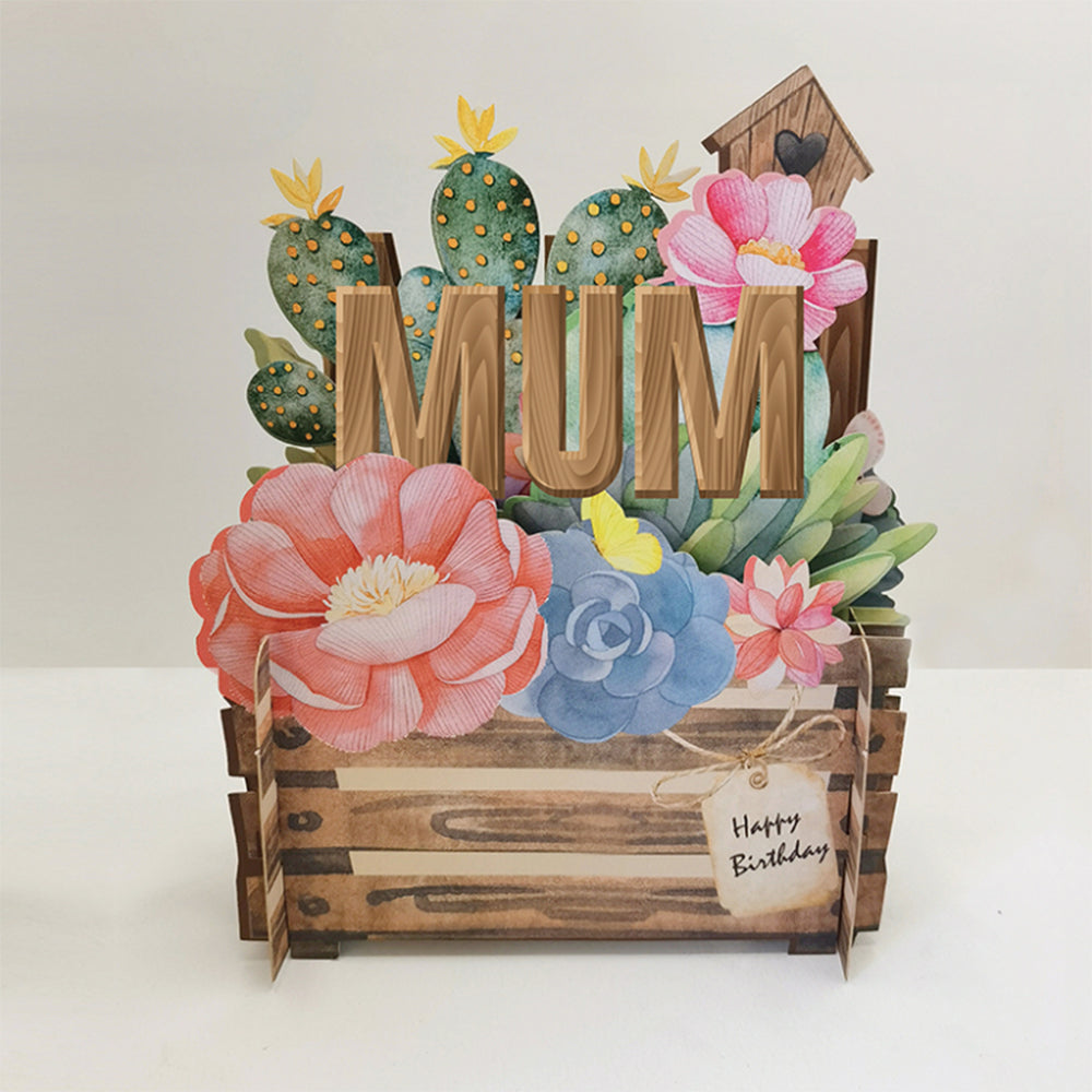 Happy Birthday Mum card with flowers and cactus